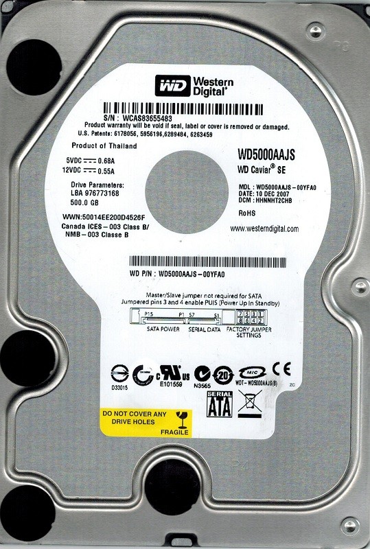 Western Digital WD5000AAJS-00YFA0 500GB DCM: HHNNHT2CHB