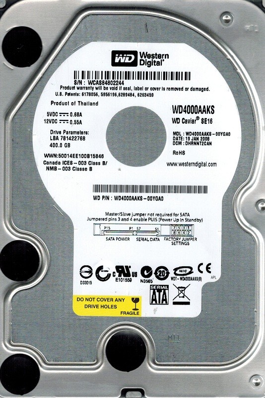 Western Digital WD4000AAKS-00YGA0 500GB DCM: DHRNNT2CAN