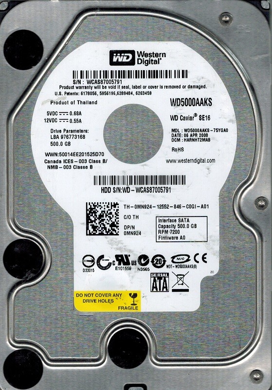 Western Digital WD5000AAKS-75YGA0 500GB DCM: HARNHT2MAB
