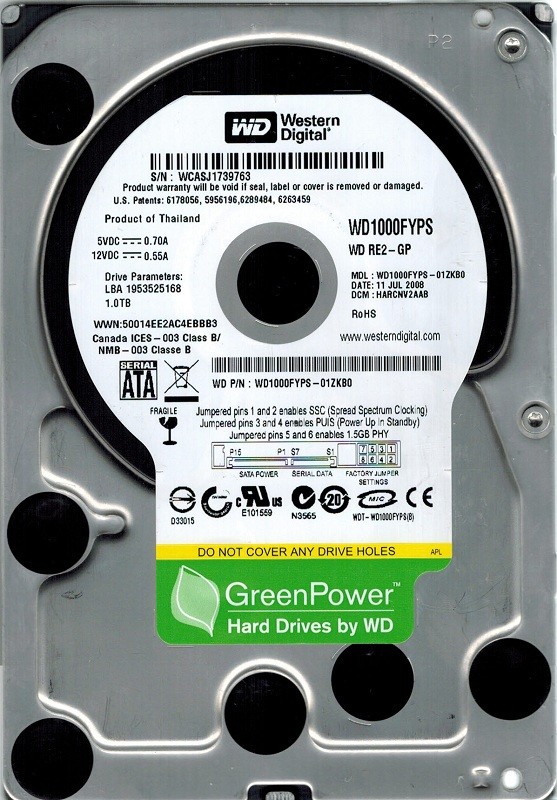 Western Digital WD1000FYPS-01ZKB0 1TB DCM: HARCNV2AAB