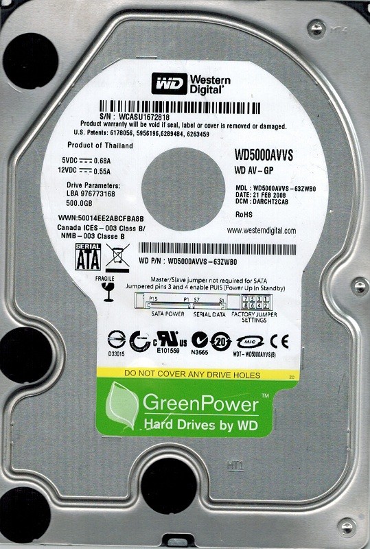 Western Digital WD5000AVVS-63ZWB0 500GB DCM: DARCHT2CAB