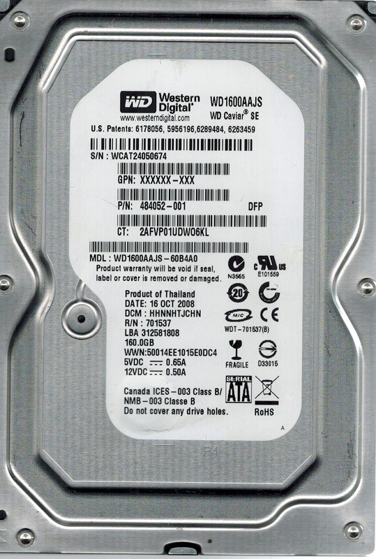 Western Digital WD1600AAJS-60B4A0 160GB DCM: HHNNHTJCHN