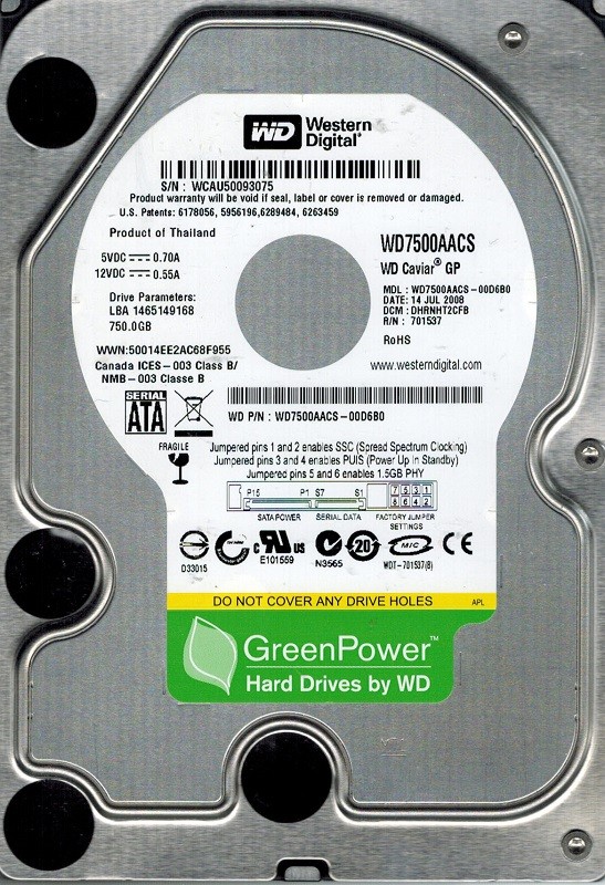 Western Digital WD7500AACS-00D6B0 750GB DCM: DHRNHT2CFB