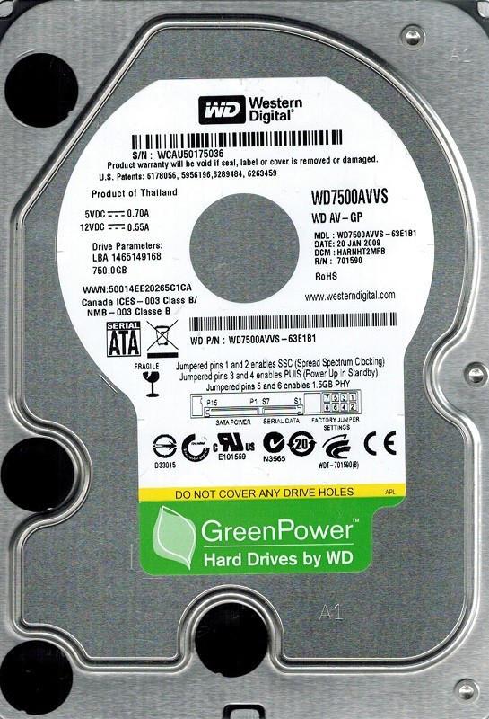 Western Digital WD7500AVVS-63E1B1 750GB DCM: HARNHT2MFB
