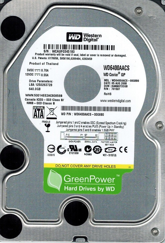 Western Digital WD6400AACS-00G8B0 640GB DCM: HANNHT2CGB