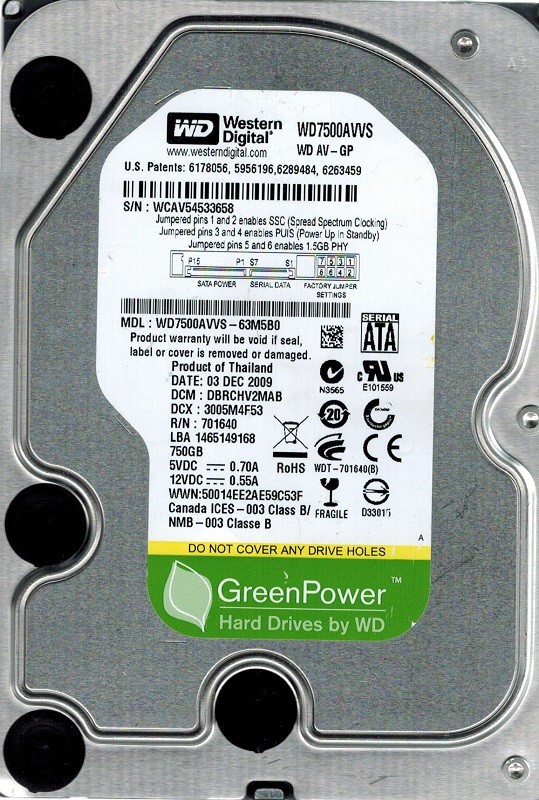Western Digital WD7500AVVS-63M5B0 750GB DCM: DBRCHV2MAB