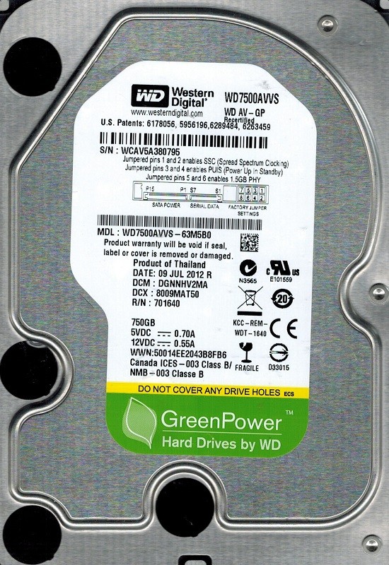 Western Digital WD7500AVVS-63M5B0 750GB DCM: DGNNHV2MA