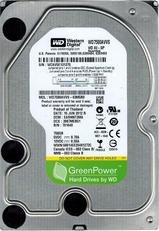 Western Digital WD7500AVVS-63M5B0 DCM: EARNNT2MA 750GB