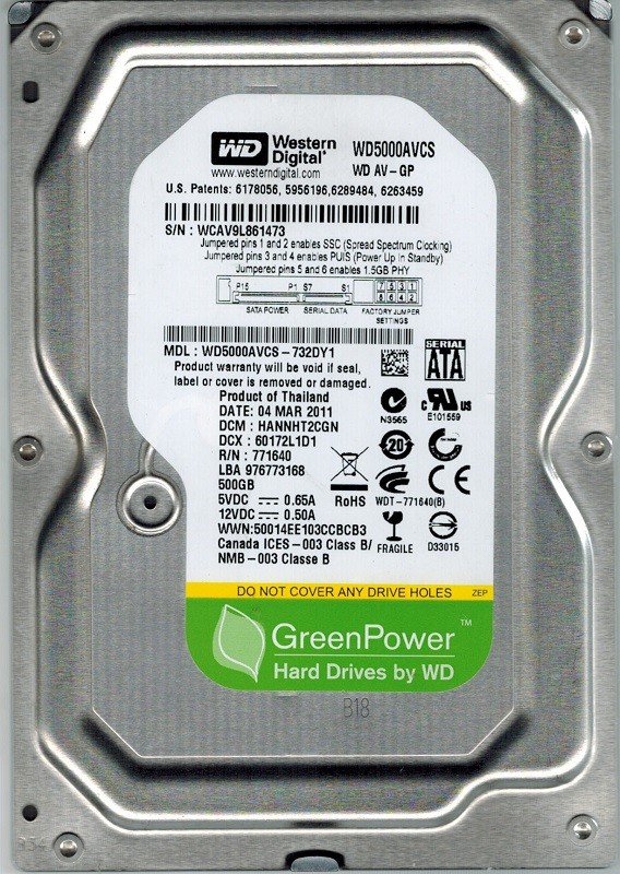 Western Digital WD5000AVCS-732DY1 500GB DCM: HANNHT2CGN WCAV9