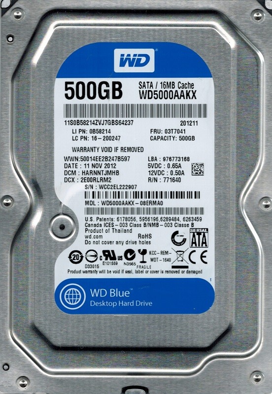 WD5000AAKX-08ERMA0 Western Digital DCM: HARNNTJMHB 500GB