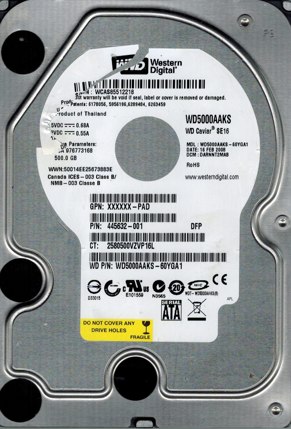 Western Digital WD5000AAKS-60YGA1 500GB DCM: DARNNT2MAB