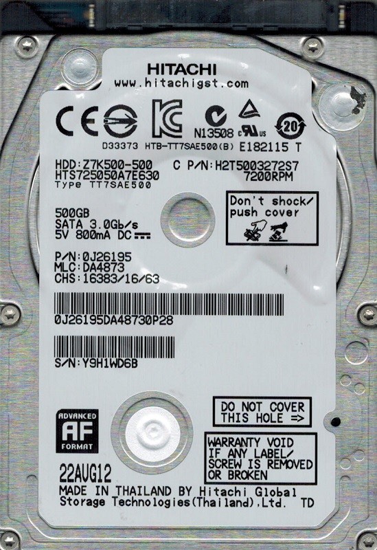 Hitachi HTS725050A7E630 P/N: 0J26195 MLC: DA4873 500GB