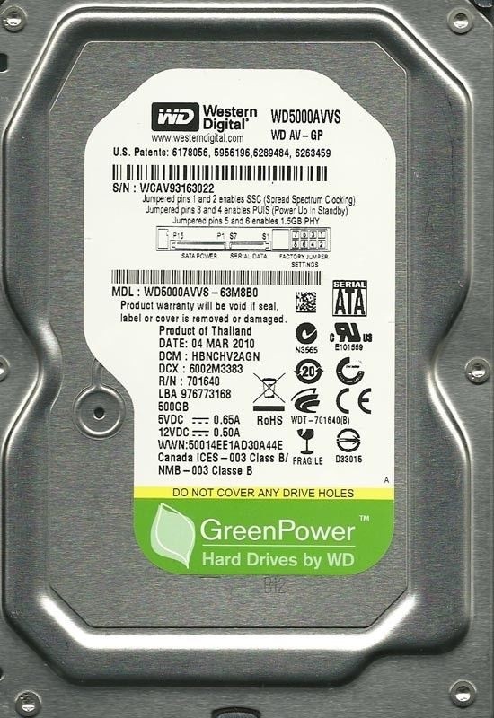 WESTERN DIGITAL 500GB WD5000AVVS-63M8B0 DCM HBNCHV2AGN WCAV9