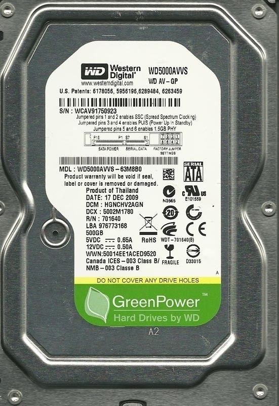 WESTERN DIGITAL 500GB WD5000AVVS-63M8B0 DCM HGNCHV2AGN WCAV9