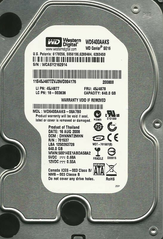 WD6400AAKS-08A7B0 DCM: DHNNNT2MHN WCASY Western Digital 640GB