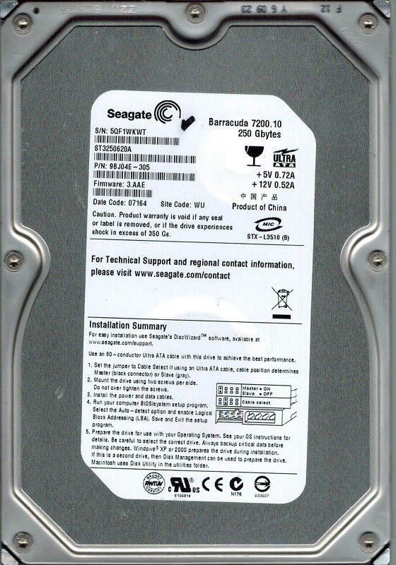 Seagate ST3250620A P/N: 9BJ04E-305 F/W: 3.AAE WU 250GB