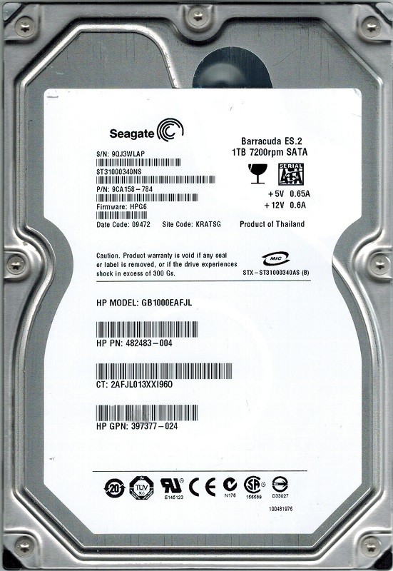 Seagate ST31000340NS P/N: 9CA158-784 F/W: HPG6 1TB KRATSG