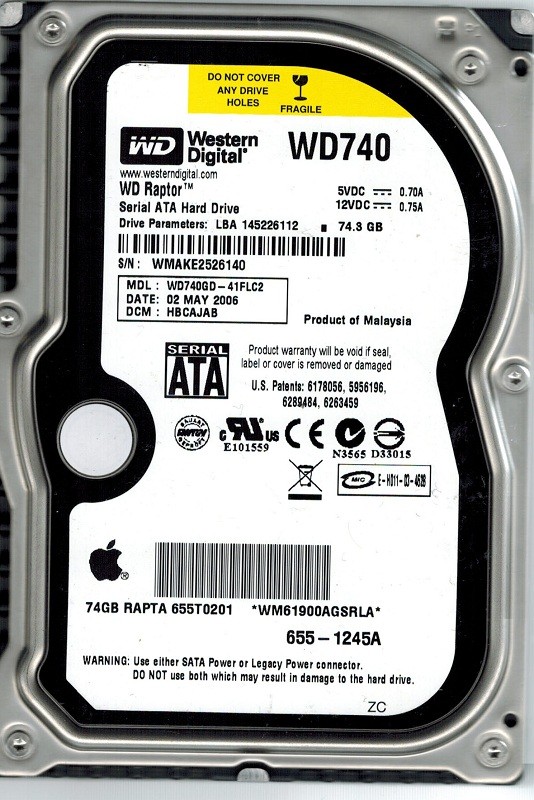 Western Digital WD740GD-41FLC2 MAC RAPTOR 74GB DCM: HBCAJAB APPLE