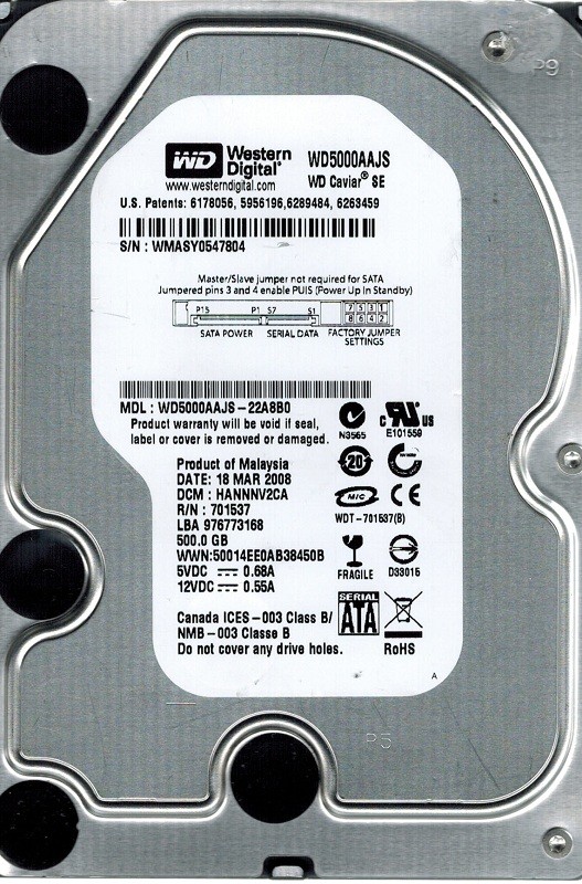 Western Digital WD5000AAJS-22A8B0 500GB DCM: HANNNV2CA