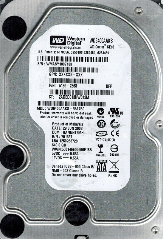 Western Digital WD6400AAKS-65A7B0 640GB DCM: HANNNT2MH
