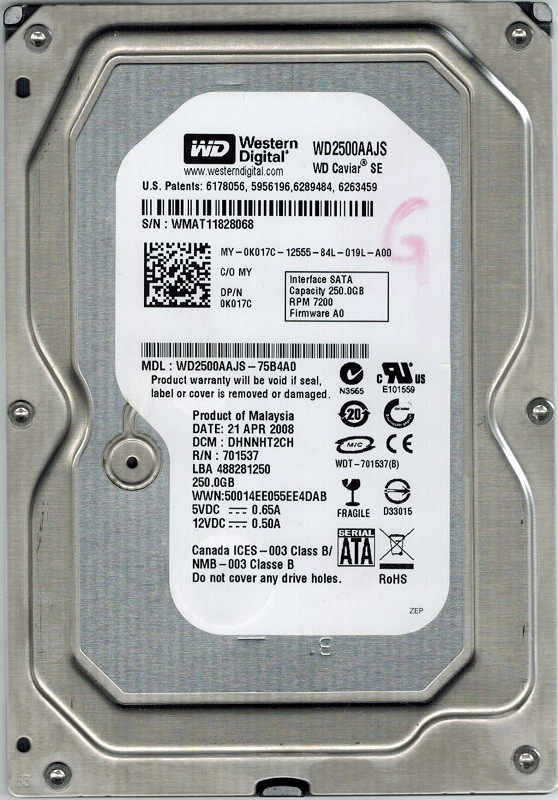 Western Digital WD2500AAJS-75B4A0 250GB DCM: DHNNHT2CH