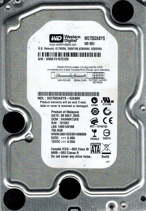 Western Digital WD7502ABYS-02A6B0 750GB DCM: HANNNT2AB