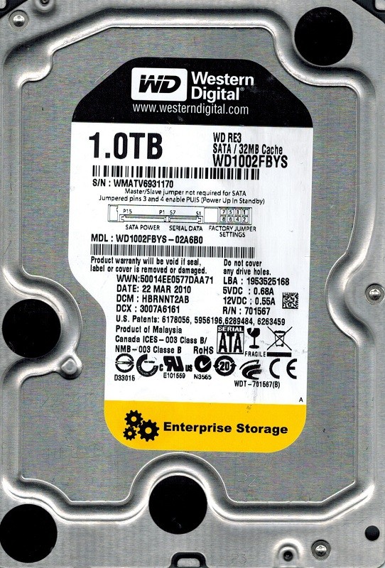 Western Digital WD1002FBYS-02A6B0 1TB DCM: HBRNNT2AB