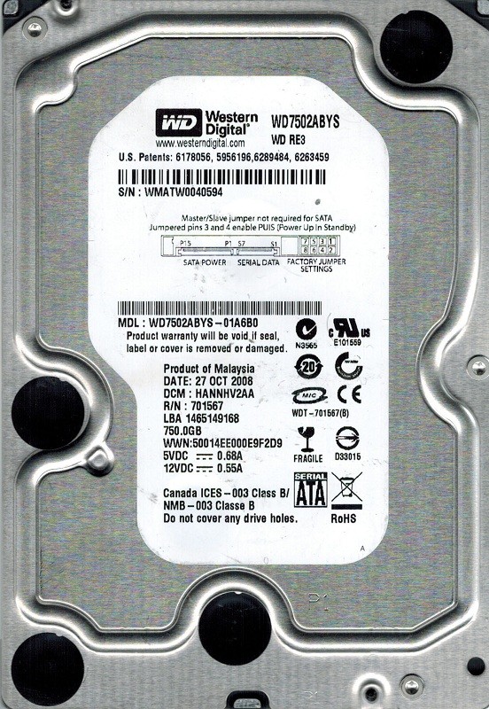 Western Digital WD7502ABYS-01A6B0 750GB DCM: HANNHV2AA