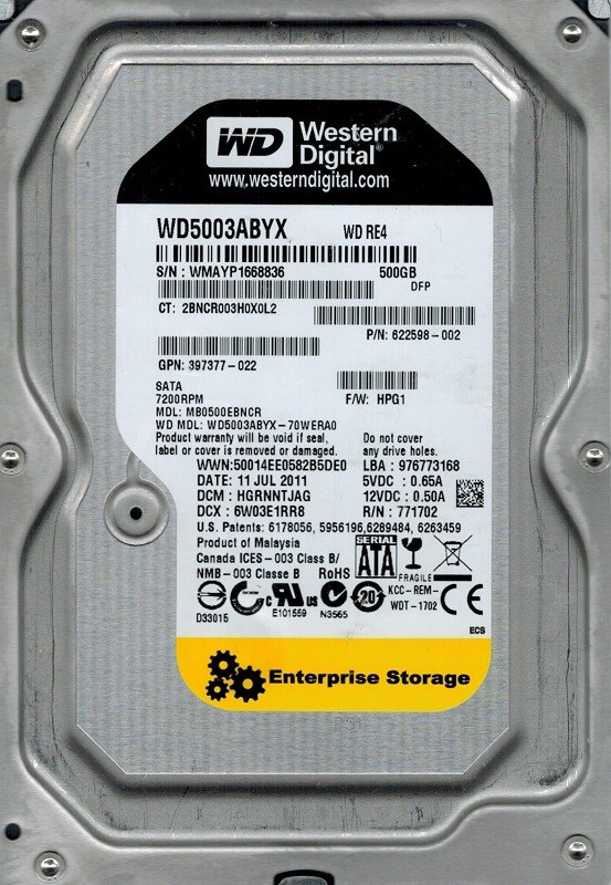 Western Digital WD5003ABYX-70WERA0 DCM: HGRNNTJAG 500GB