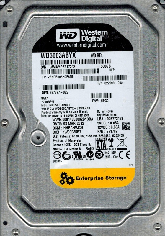 Western Digital WD5003ABYX-70WERA0 500GB DCM: HHRCHVJCH