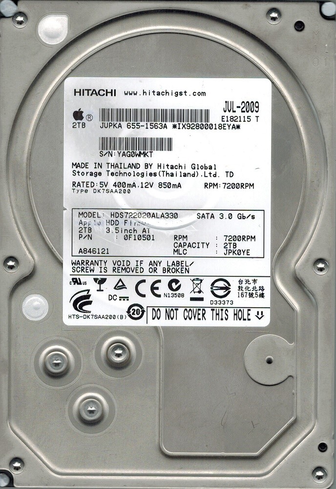 Hitachi HDS722020ALA330 P/N: 0F10501 MLC: JPK0YE MAC 655-1563A 2TB