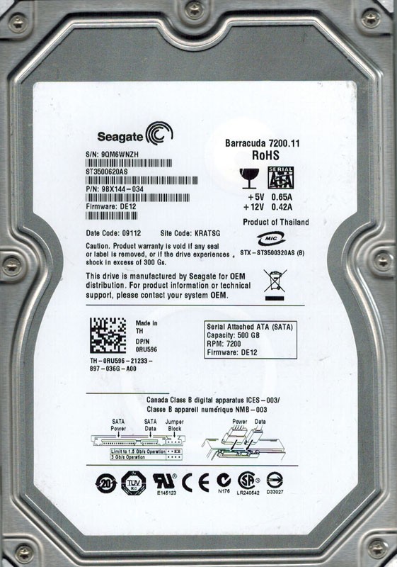 Seagate ST3500620AS P/N: 9BX144-034 F/W: DE12 500GB KRATSG