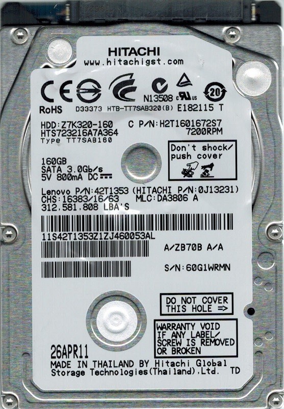 Hitachi HTS723216A7A364 P/N: 0J13231 MLC: DA3806 160GB