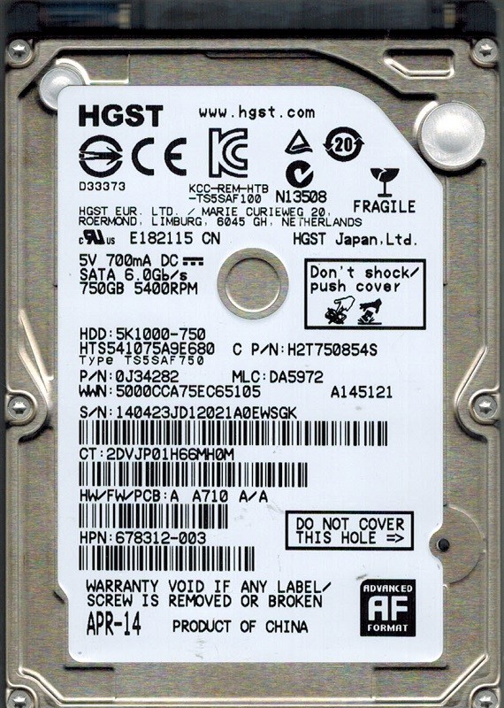 HTS541075A9E680 P/N: 0J34282 MLC: DA5972 Hitachi 750GB
