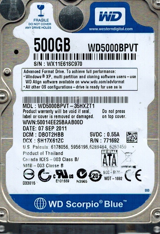 Western Digital WD5000BPVT-35HXZT1 500GB DCM: DBOT2HBB