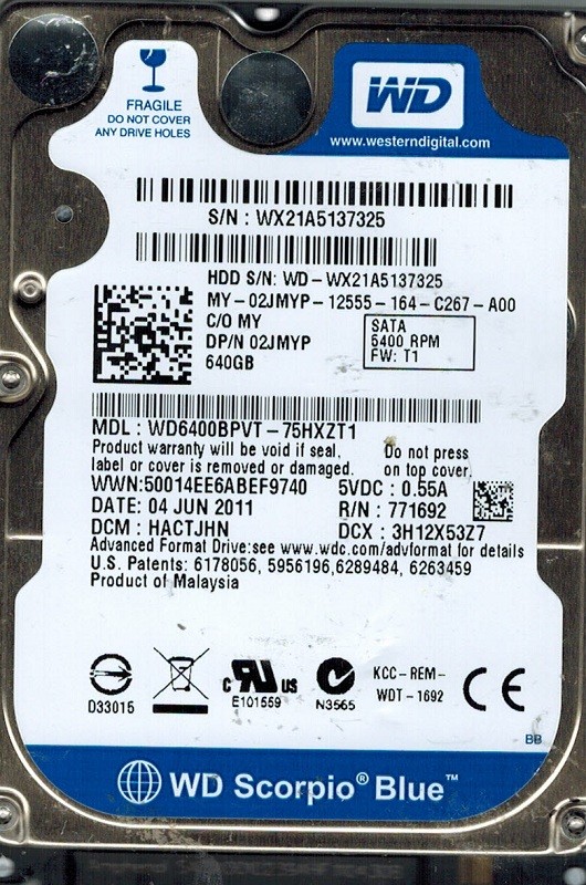 Western Digital WD6400BPVT-75HXZT1 640GB DCM: HACTJHN