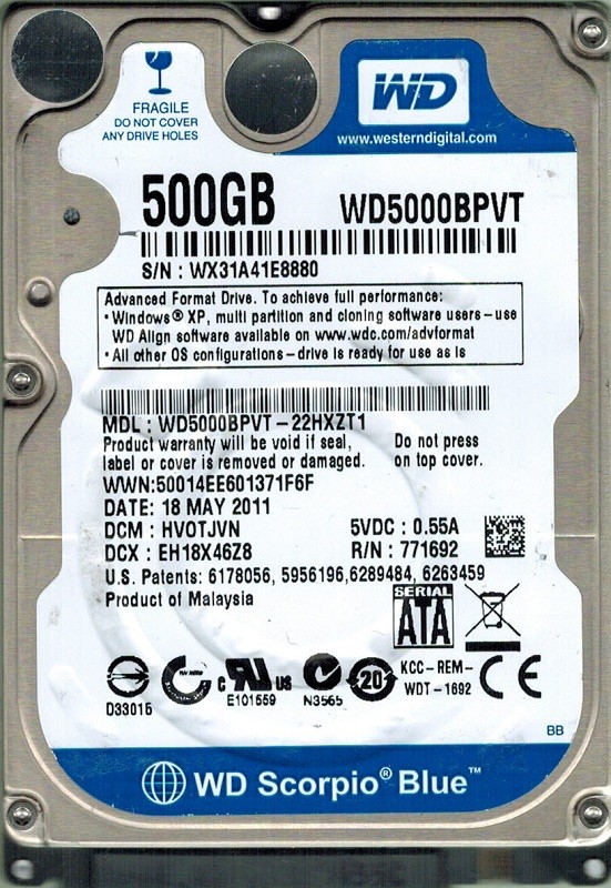 Western Digital WD5000BPVT-22HXZT1 500GB DCM: HV0TJVN