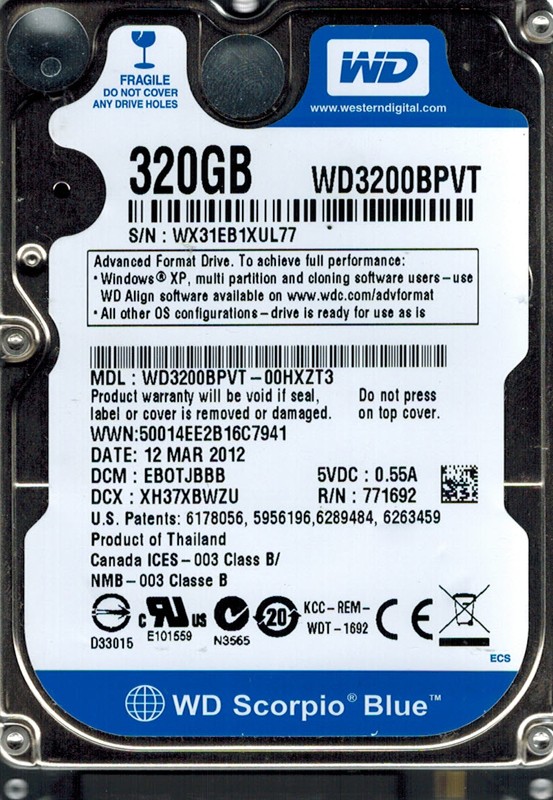 Western Digital WD3200BPVT-00HXZT3 320GB DCM: EBOTJBBB