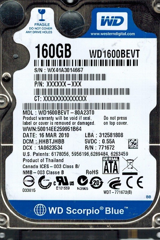 Western Digital WD1600BEVT-80A23T0 160GB DCM: HHBTJHBB