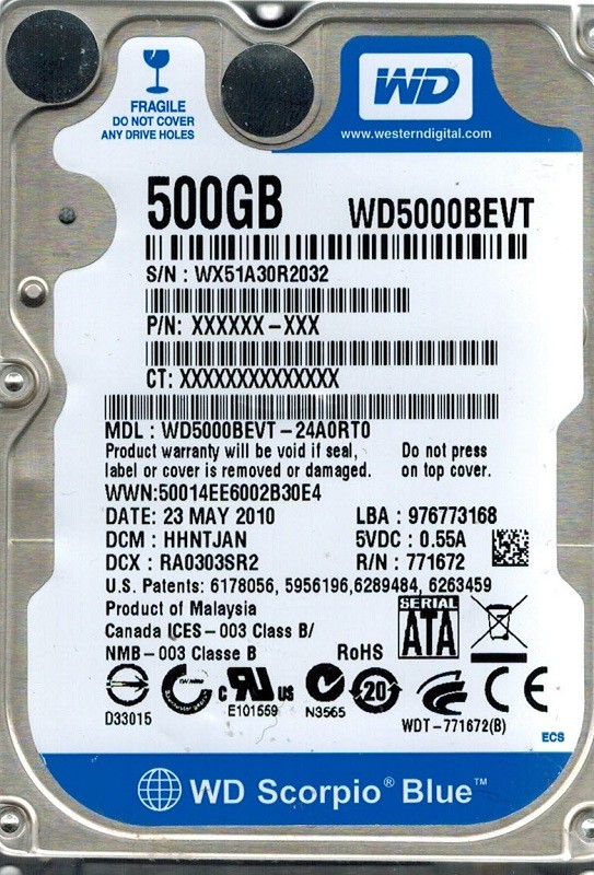 Western Digital WD5000BEVT-24A0RT0 500GB DCM: HHNTJAN