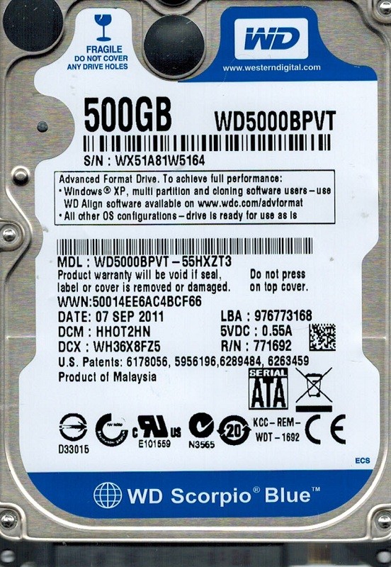 Western Digital WD5000BPVT-55HXZT3 500GB DCM: HHOT2HN