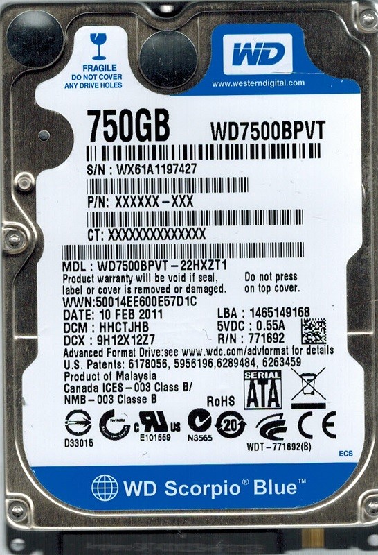 Western Digital WD7500BPVT-22HXZT1 750GB DCM: HHCTJHB