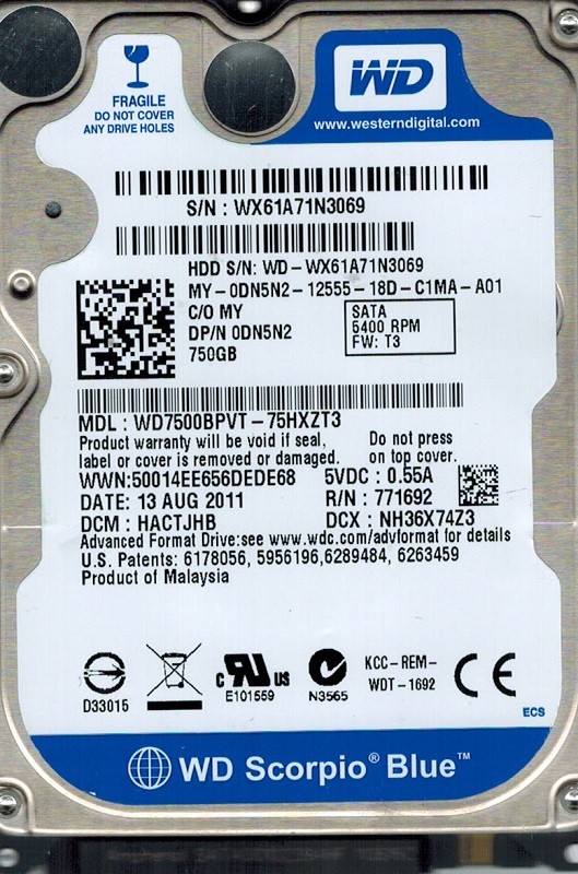 Western Digital WD7500BPVT-75HXZT3 750GB DCM: HACTJHB