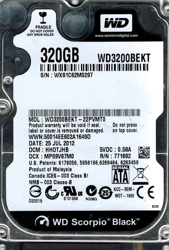 Western Digital WD3200BEKT-22PVMT0 320GB DCM: HHOTJHB