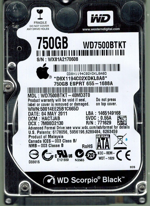 Western Digital WD7500BPKT-40MD3T0 MAC 750GB DCM: HACTJAB APPLE