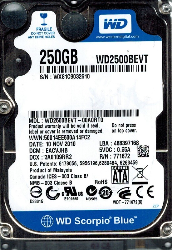 Western Digital WD2500BEVT-00A0RT0 250GB DCM: EACVJHB