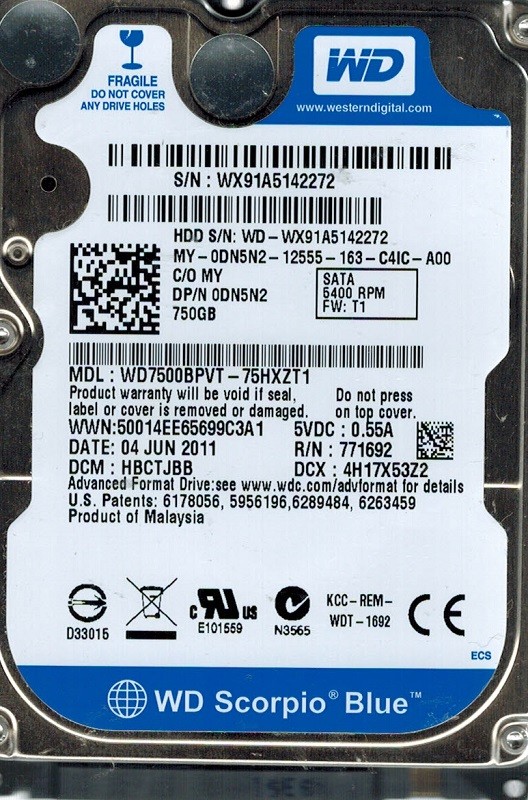 Western Digital WD7500BPVT-75HXZT1 750GB DCM: HBCTJBB