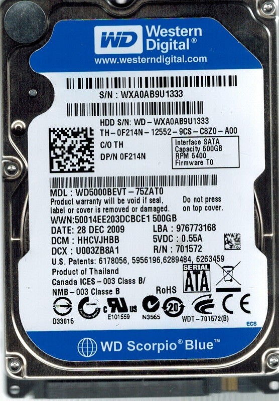 Western Digital WD5000BEVT-75ZAT0 500GB DCM: HHCVJHBB