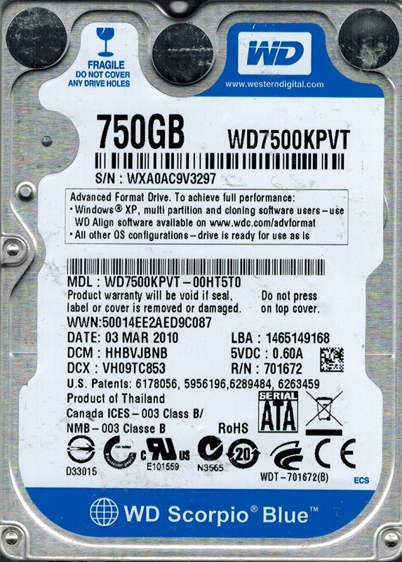 Western Digital WD7500KPVT-00HT5T0 750GB DCM: HHBVJBNB