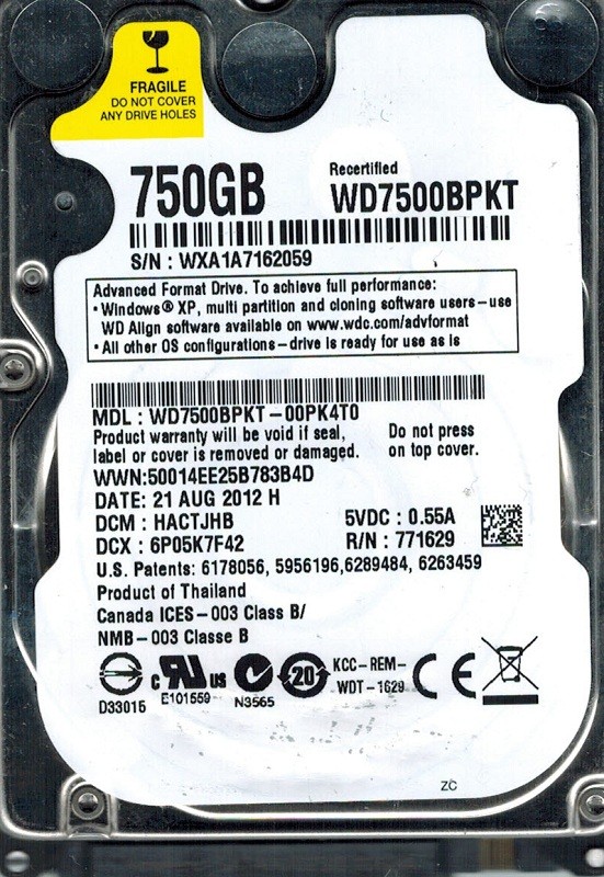 Western Digital WD7500BPKT-00PK4T0 750GB DCM: HACTJHB